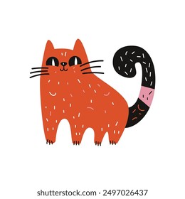 Abstract comic cat character. Cute funny cartoon kitten face in playful mood, naive childish animal doodle style. Vector isolated illustration.