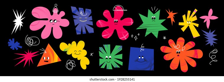 Abstract comic characters in different shapes. Colorful cute things with faces, hair, and hats. Bright cartoon-styled elements isolated on black background. Modern graphic with gradient textures.