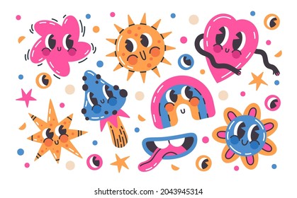 Personajes abstractos de emoji cómicos. Dibujo de adorables elementos de doodle, conjunto de ilustraciones vectoriales de emoji de corazón, estrella y hongos. Mascotas dibujadas a mano brillante