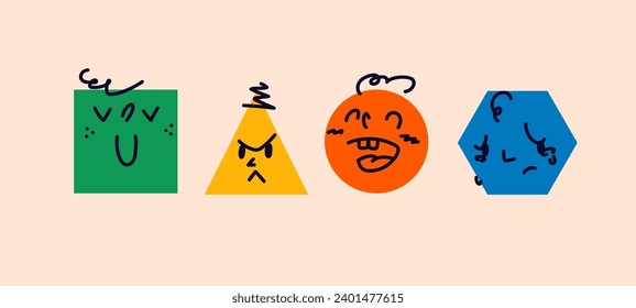 Abstract comic faces with different emotions. Various colorful characters in the form of geometric shapes. Cartoon style. Flat design. Set of vector emoticons.