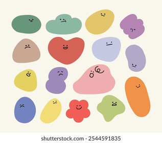 Abstract comic faces with different emotions. Various colorful characters in the form of geometric shapes. Cartoon style. Flat design. Set of vector emoticons