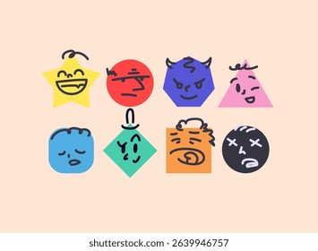Abstract comic faces with different emotions. Various colorful characters in the form of geometric shapes. Cartoon style. Flat design. Set of vector emoticons.