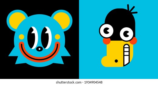Abstract comic Faces funny animals with various emotions. Cute blue bear and black duck, colored characters. Cartoon style. Flat design. Hand drawn trendy vector illustration. Every face is isolated.