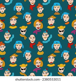 Abstract comic faces seamless pattern. Human portraits vector illustration