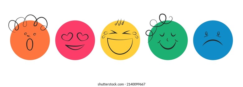 Abstract comic faces with various emotions. Hand drawn icon set vector illustration in drawing style