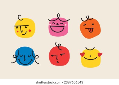 Abstrakte Comic-Gesichter mit verschiedenen Emotionen. Zeichenstil von Crayon. Unterschiedliche farbige Figuren in Cartoon-Stil und Flach-Design. Handgezeichnete Emoji-Vektorgrafik.