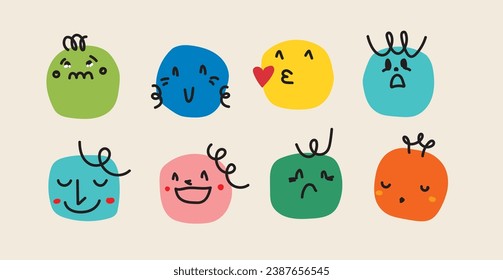 Abstract comic Faces with various Emotions. Crayon drawing style. Different colorful characters in cartoon style and Flat design. Hand drawn Emoji Vector illustration.