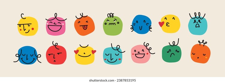 Abstract comic Faces with various Emotions. Crayon drawing style. Different colorful characters in cartoon style and Flat design. Hand drawn Emoji Vector illustration.