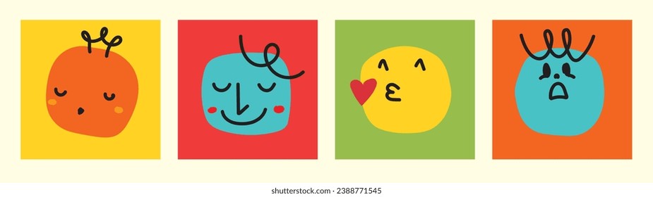 Abstract comic Faces with various Emotions. Crayon drawing style. Different colorful characters in cartoon style and Flat design. Hand drawn Emoji Vector illustration.