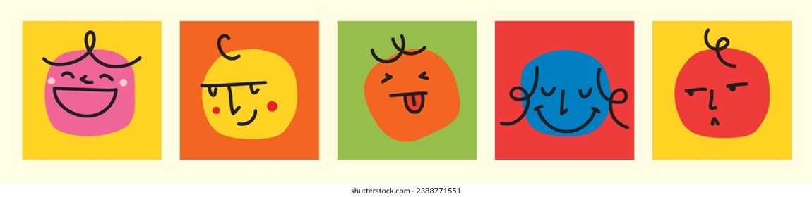 Abstract comic Faces with various Emotions. Crayon drawing style. Different colorful characters in cartoon style and Flat design. Hand drawn Emoji Vector illustration.