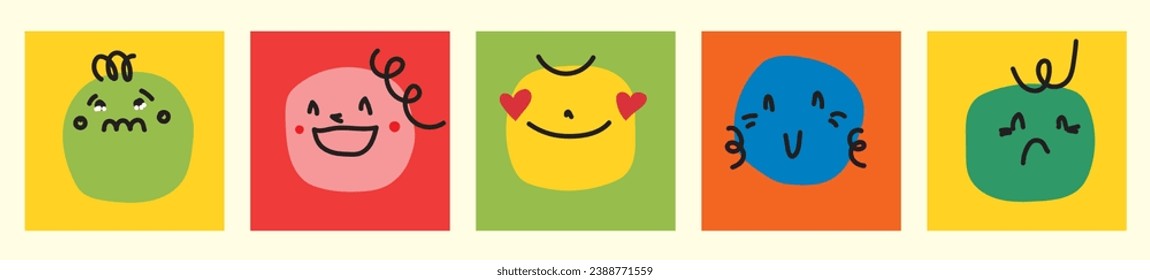 Abstract comic Faces with various Emotions. Crayon drawing style. Different colorful characters in cartoon style and Flat design. Hand drawn Emoji Vector illustration.