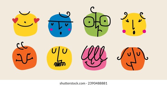 Abstrakte Comic-Gesichter mit verschiedenen Emotionen. Zeichenstil von Crayon. Unterschiedliche farbige Figuren in Cartoon-Stil und Flach-Design. Handgezeichnete Emoji-Vektorgrafik.