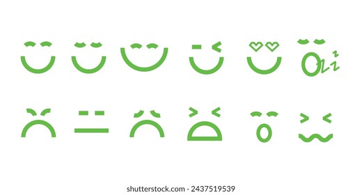 Abstract comic Faces with various Emotions. Lines style. Different green characters. Flat design. Hand drawn trendy Vector illustration. Suitable for poster, flyer, web pages and bisiness