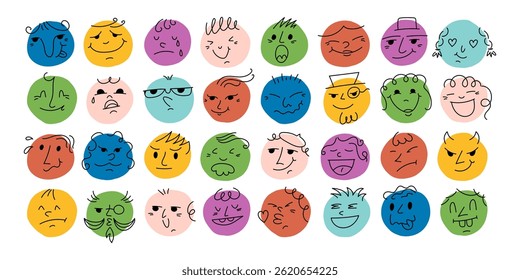 Abstract comic Faces with various Emotions. Different colorful characters in cartoon style and Flat design. Hand drawn Emoji Vector illustration.