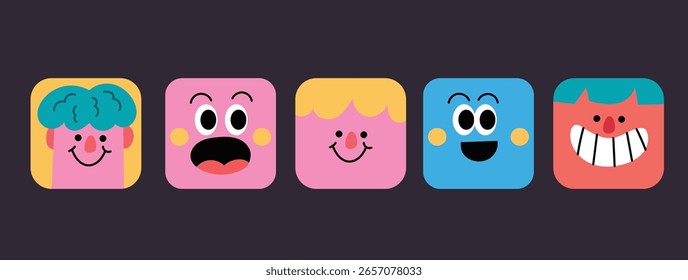 Caras cómicas abstractas con diversas emociones. Estilo de dibujo de crayón. Diferentes personajes coloridos. Estilo de dibujos animados. Diseño plano. Dibujado a mano de moda Vector