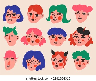 Caras cómicas abstractas de mujeres y hombres. Diferentes personajes coloridos, estilo de dibujos animados, diseño plano. Ilustración vectorial de moda dibujada a mano.