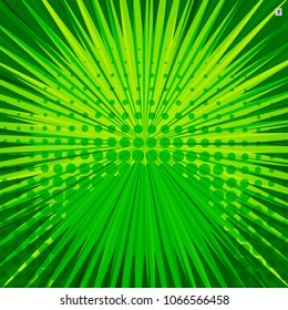 Abstract comic green background for style pop art design. Retro burst template backdrop. Light rays effect. Vintage comic book style, halftone modern print texture, vector.