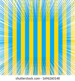 Abstract comic light template with white rays vertical stripes and halftone effects in blue and yellow colors. Vector illustration