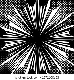 Abstract comic monochrome burst concept with dynamic rays and halftone effects. Vector illustration