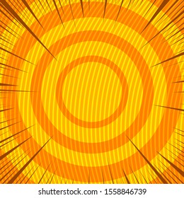 Abstract comic orange background with circles linear pattern and rays in manga style. Vector illustration