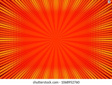 Abstract comic orange background for style pop art design. Retro burst template backdrop. Light rays effect. Vintage comic book style, halftone modern print texture, vector.