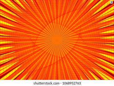Abstract comic orange background for style pop art design. Retro burst template backdrop. Light rays effect. Vintage comic book style, halftone modern print texture, vector.