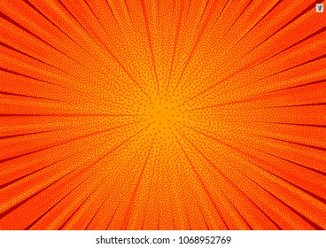 Abstract comic orange background for style pop art design. Retro burst template backdrop. Light rays effect. Vintage comic book style, halftone modern print texture, vector.