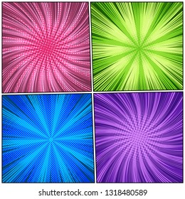 Abstract comic page backgrounds composition with radial halftone and rays humor effects in pink green blue purple colors. Vector illustration