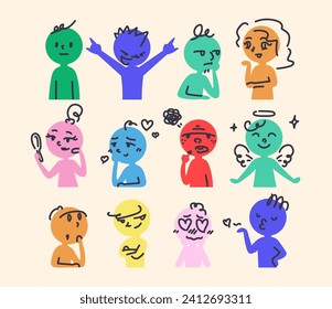 Comics abstractos con diferentes emociones. Varios personajes de colores. Estilo de caricatura. Diseño plano. Conjunto de emoticonos vectoriales.