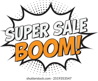 Abstrakte Comic Pop Retro Super Sale Boom Message Design, Pop Art Stil, lebendige Farben Hintergrund
