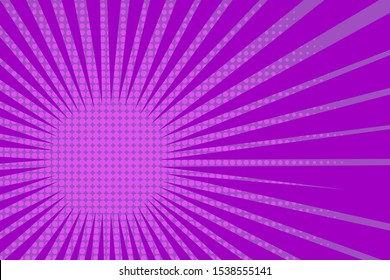 Abstract comic purple background with dynamic rays and halftone effects. Vector illustration