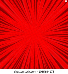 Abstract comic red background for style pop art design. Retro burst template backdrop. Light rays effect. Vintage comic book style, halftone modern print texture, vector.