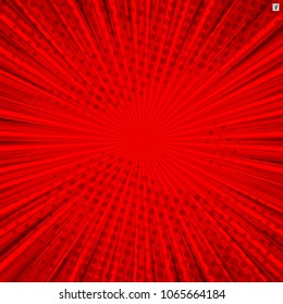 Abstract comic red background for style pop art design. Retro burst template backdrop. Light rays effect. Vintage comic book style, halftone modern print texture, vector.