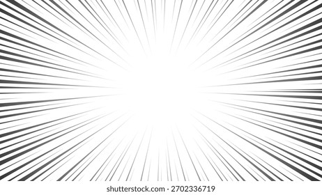 Fondo de ráfaga de velocidad de cómic Abstractas con líneas radiales dinámicas, efecto de explosión de centro blanco brillante, diseño de Vector monocromo mínimo moderno para conceptos de movimiento e impacto energéticos