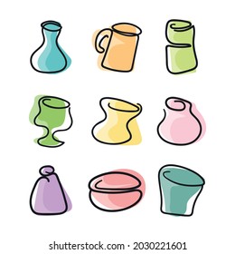 Abstract comic vase and teapot. Crayon drawing style. Hand drawn Vector illustration.