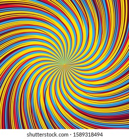 Abstract comic whirl background with twisted lines and rays in blue yellow red colors. Vector illustration