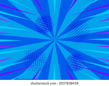 Resumen de antecedentes de Comics. Afiche con formas geométricas, efectos dinámicos y puntos en estilo de arte pop. Plantilla para sitios web e impresión en papel. Dibujo vectorial plano de dibujos animados sobre fondo azul