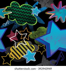 Abstract comics pattern with drawn elements stars, clouds, lines, dots, shapes, geometric ornaments. Grunge urban background for boys, girls and children. 