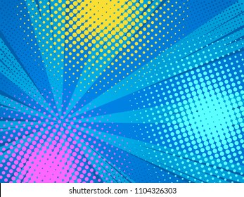Abstract comics pop art style blank layout. Rays and halftone dot . Vector illustration on blue background.