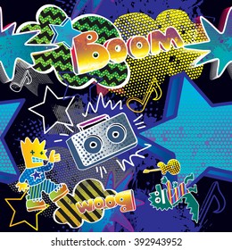 Abstract comics vector pattern for boys, girls and children. Grunge urban black background with colorful drawn elements stars, boom,  clouds, lines, dots, shapes, geometric ornaments, music