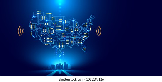 Abstract communication network map USA or America as a printed circuit Board. Smart city connected with country. Technology concepts
