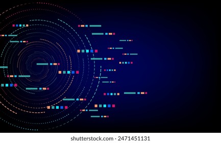 Comunicación Abstractas y concepto tecnológico. Círculo tecnológico futurista con píxeles coloridos sobre un fondo azul oscuro. Conexión de red. 