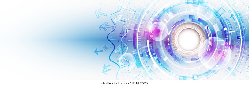Ilustración del vector de comunicación abstracta. Amplio fondo gris de Sci-fi con varios elementos tecnológicos. Los círculos futuristas diseñan el concepto de innovación.