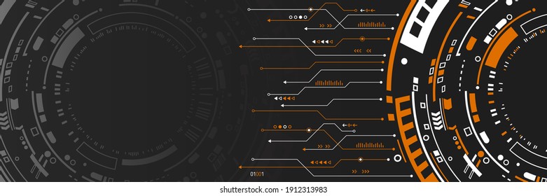 Abstrakte Kommunikation, Vektorgrafik. Grosser, schwarzer Hintergrund mit verschiedenen technischen Elementen. Futuristische Kreise gestalten Innovationskonzept.