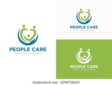 Abstract community care logo. Non-profit logo with hands that care for the community. Design concept combination of love icons with hands and humans in them