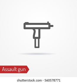 Abstract compact assault firearm. Isolated icon in line style with shadow. Typical gangster or criminal weapon. Military vector stock image.