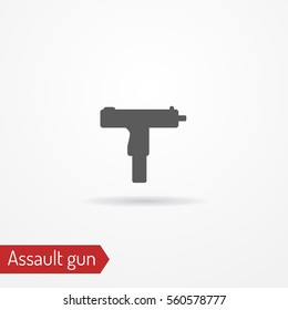 Abstract compact assault firearm. Isolated icon in silhouette style with shadow. Typical gangster or criminal weapon. Military vector stock image.