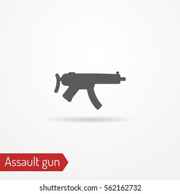 Abstract compact assault firearm. Isolated icon in silhouette style with shadow. Typical police special forces weapon. Military vector stock image.