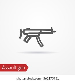 Abstract compact assault firearm. Isolated icon in line style with shadow. Typical police special forces weapon. Military vector stock image.