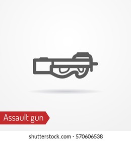 Abstract compact assault firearm. Isolated icon in line style with shadow. Typical police special forces weapon. Military vector stock image.